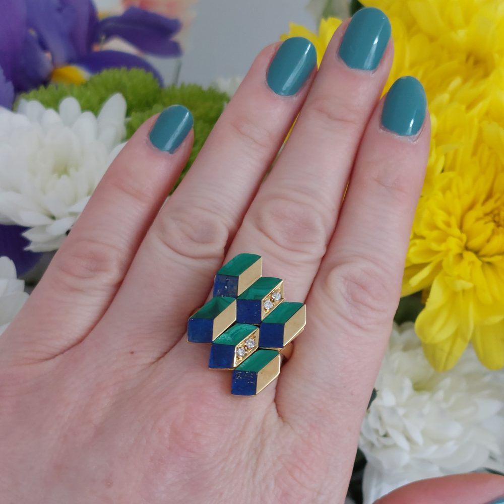 Vintage Geometric Lapis Malachite and Diamond Ring