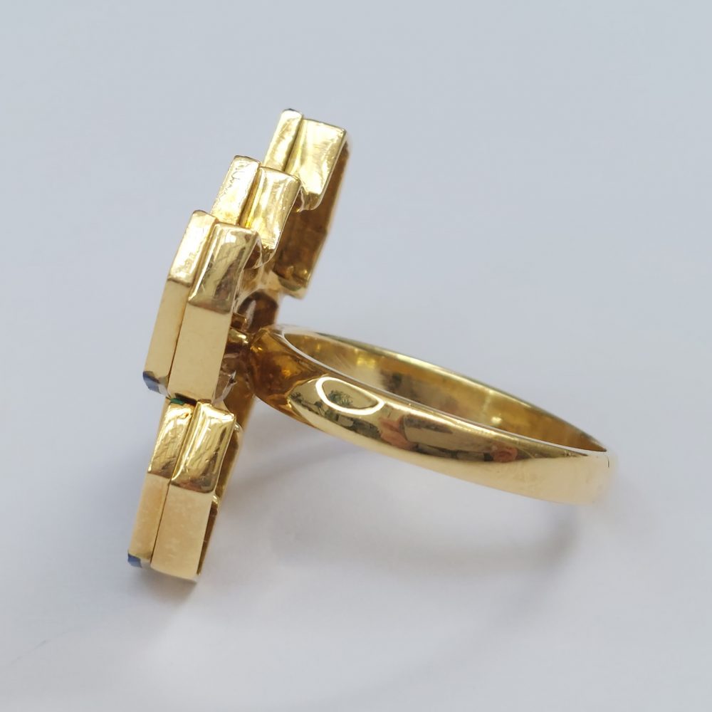 Vintage Geometric Lapis Malachite and Diamond Ring