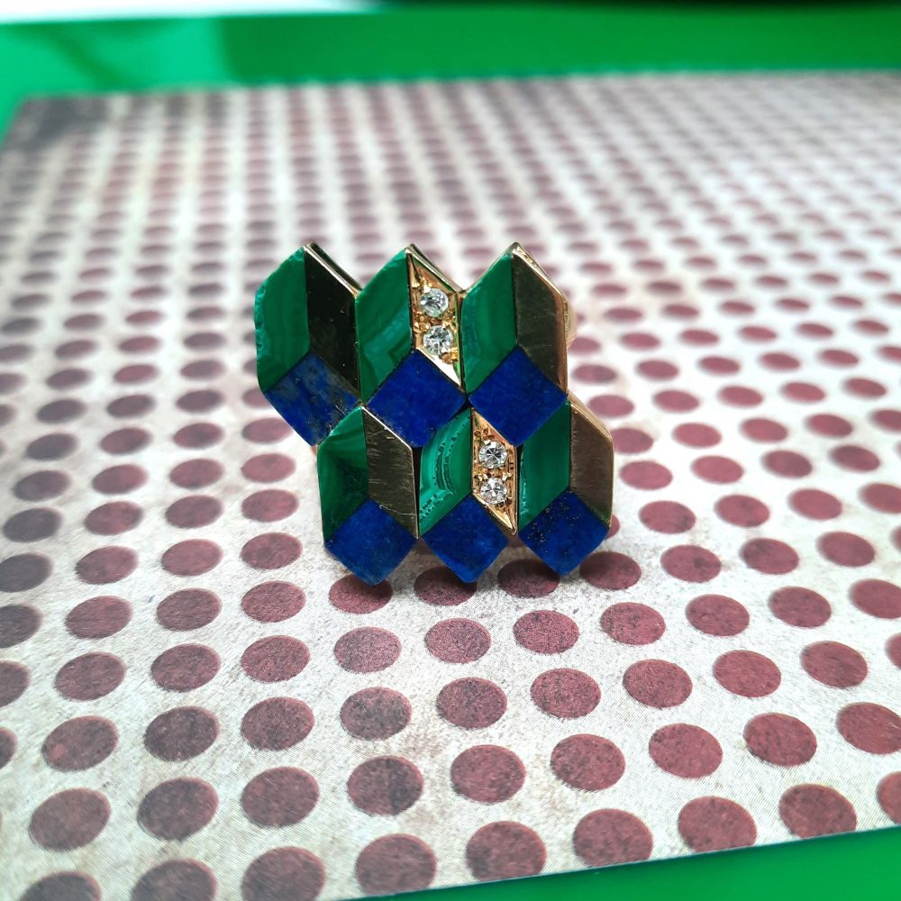 Vintage Geometric Lapis Malachite and Diamond Ring