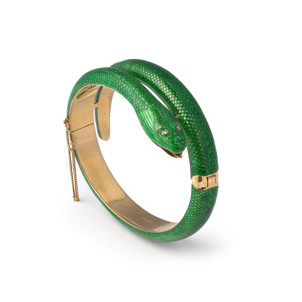 Vintage Green Enamel Snake Bracelet 18 Carat Gold Circa 1970's