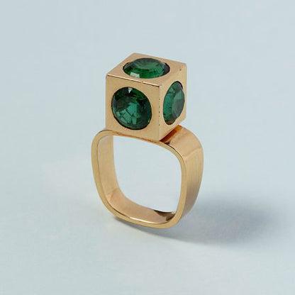 Vintage Green Tourmaline and Gold Geometric Cube Statement Ring by Trudel, 18ct yellow gold cube set with 11.46cts five bright green tourmalines to a rounded square shank, Rudolf Trudel Kurt Aepli, Switzerland, Circa 1970