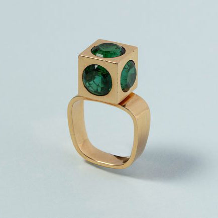 Vintage Green Tourmaline and Gold Geometric Cube Statement Ring by Trudel, 18ct yellow gold cube set with 11.46cts five bright green tourmalines to a rounded square shank, Rudolf Trudel Kurt Aepli, Switzerland, Circa 1970
