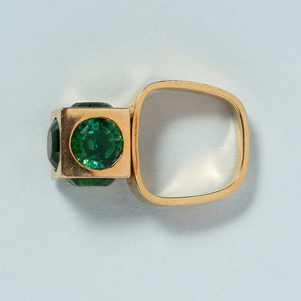 Vintage Green Tourmaline and Gold Geometric Cube Statement Ring by Trudel, 18ct yellow gold cube set with 11.46cts five bright green tourmalines to a rounded square shank, Rudolf Trudel Kurt Aepli, Switzerland, Circa 1970