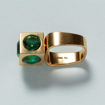 Vintage Green Tourmaline and Gold Geometric Cube Statement Ring