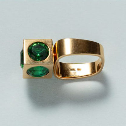 Vintage Green Tourmaline and Gold Geometric Cube Statement Ring