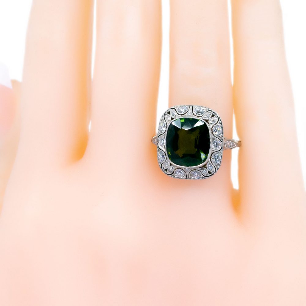 Vintage Green Tourmaline and Old Mine Cut Diamond Cluster Ring