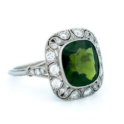 Vintage Green Tourmaline and Old Mine Cut Diamond Cluster Ring