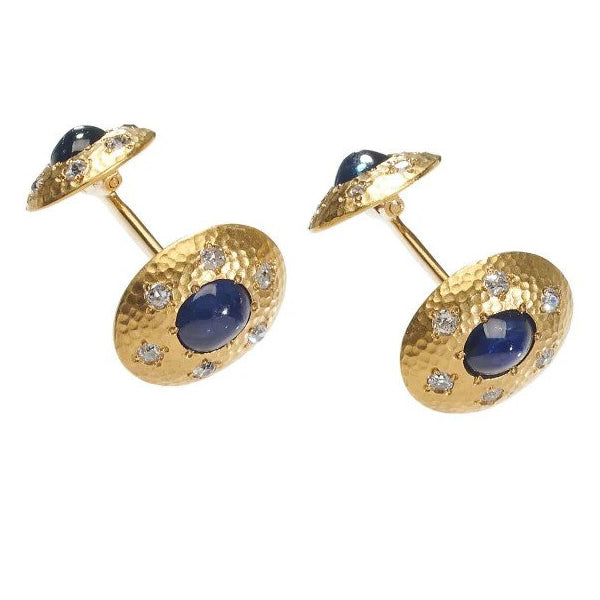 Vintage Cabochon Sapphire and Old Cut Diamond 18ct Yellow Hammered Gold Cufflinks