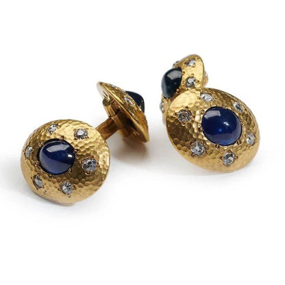 Vintage Cabochon Sapphire and Old Cut Diamond 18ct Yellow Hammered Gold Cufflinks