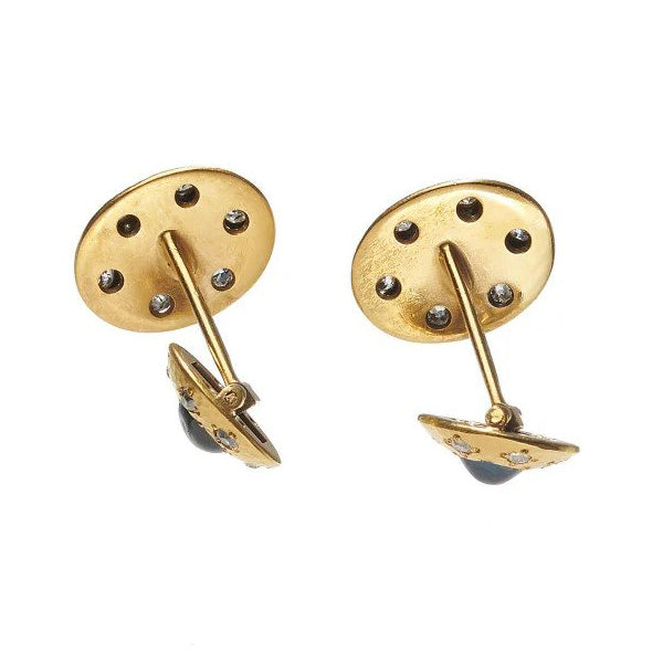 Vintage Hammered Gold Cufflinks with Cabochon Sapphire and Old Cut Diamond