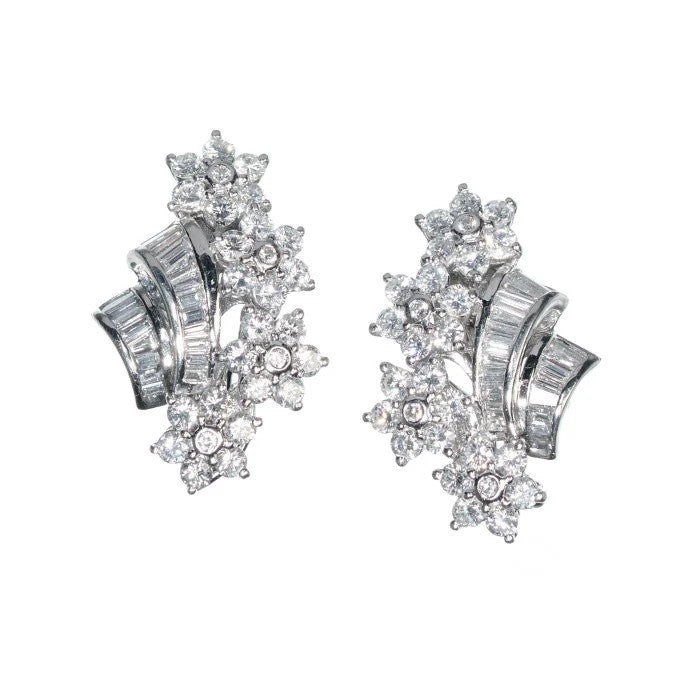 Vintage Inspired 4.12ct Baguette and Brilliant Diamond Floral Spray Clip Earrings