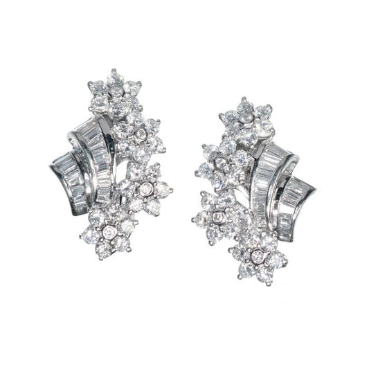 Vintage Inspired 4.12ct Baguette and Brilliant Diamond Floral Spray Clip Earrings