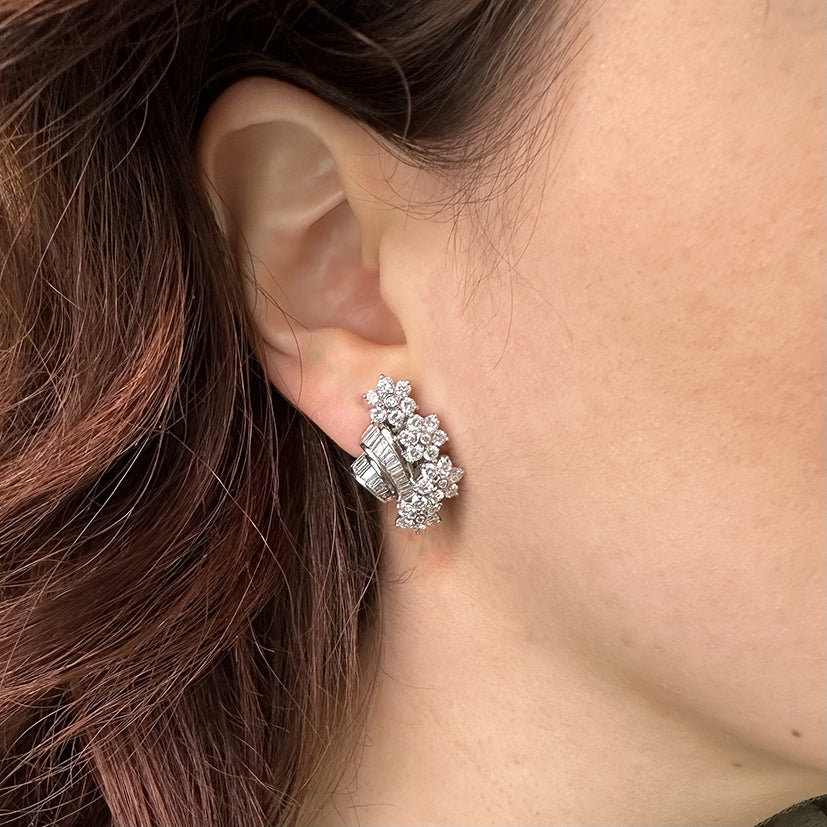 Vintage Inspired 4.12ct Baguette and Brilliant Diamond Floral Spray Clip Earrings
