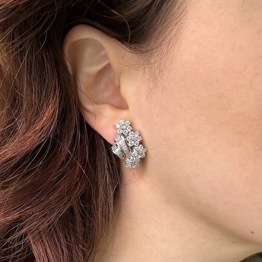 Vintage Inspired 4.12ct Baguette and Brilliant Diamond Floral Spray Clip Earrings