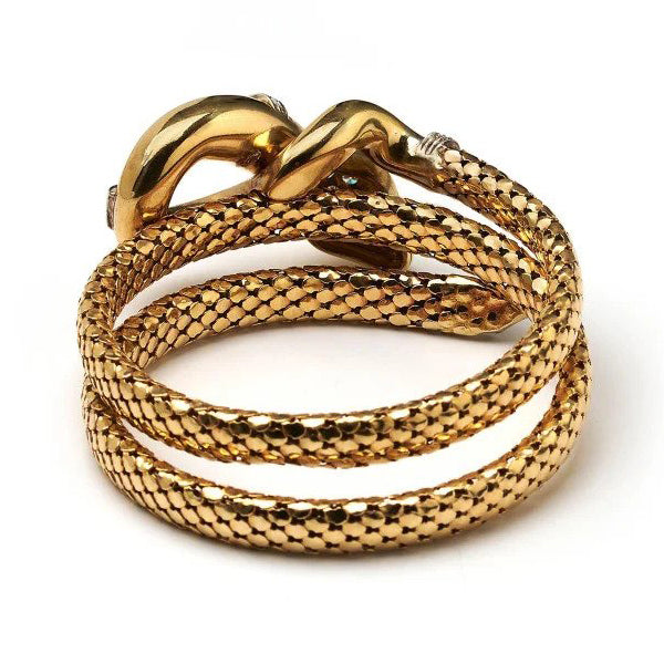 Vintage 1960s Italian Gold Coiled Snake Bracelet with Diamonds