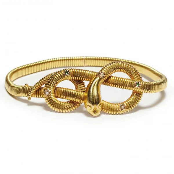 Vintage Italian Emerald Pearl and Gold Gaspipe Snake Bracelet