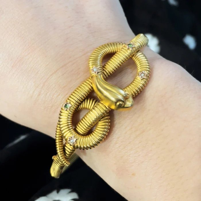 Vintage Italian Emerald Pearl and Gold Gaspipe Snake Bracelet