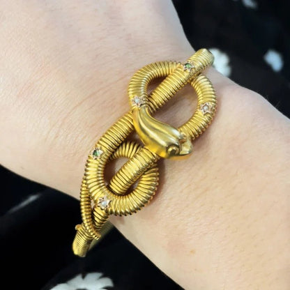 Vintage Italian Emerald Pearl and Gold Gaspipe Snake Bracelet