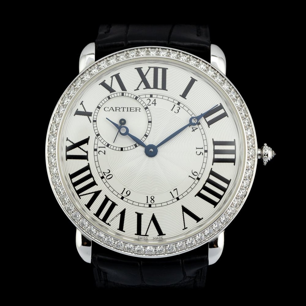 Vintage Ladies Cartier Ronde Louis WR007002 Manual Watch With Factory Diamond Bezel, see through exhibition case-back, with red Cartier suede pouch