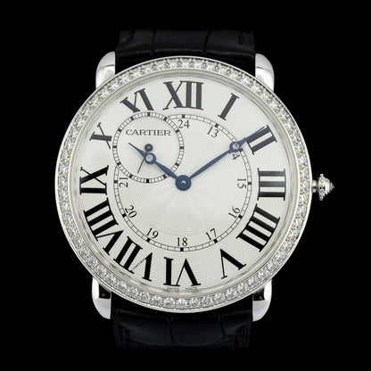 Vintage Ladies Cartier Ronde Louis WR007002 Manual Watch With Factory Diamond Bezel, see through exhibition case-back, with red Cartier suede pouch