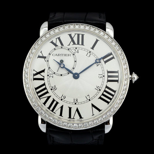 Vintage Ladies Cartier Ronde Louis WR007002 Manual Watch With Factory Diamond Bezel, see through exhibition case-back, with red Cartier suede pouch