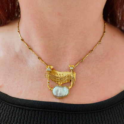 Vintage Mabe Pearl and Diamond Gold Necklace