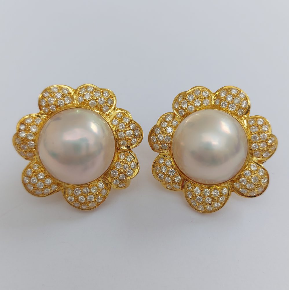 Vintage Mabé and Diamond Floral Earrings