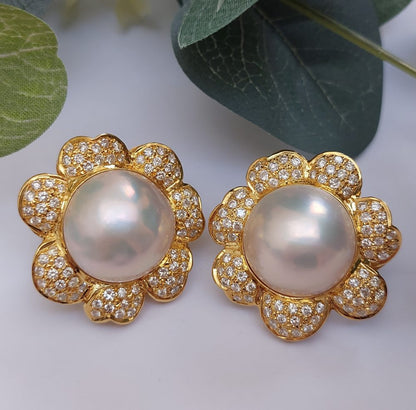 Vintage Mabe and Diamond Floral Earrings
