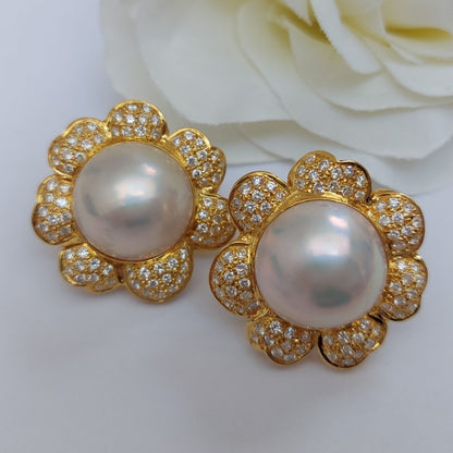 Vintage Mabe and Diamond Floral Earrings