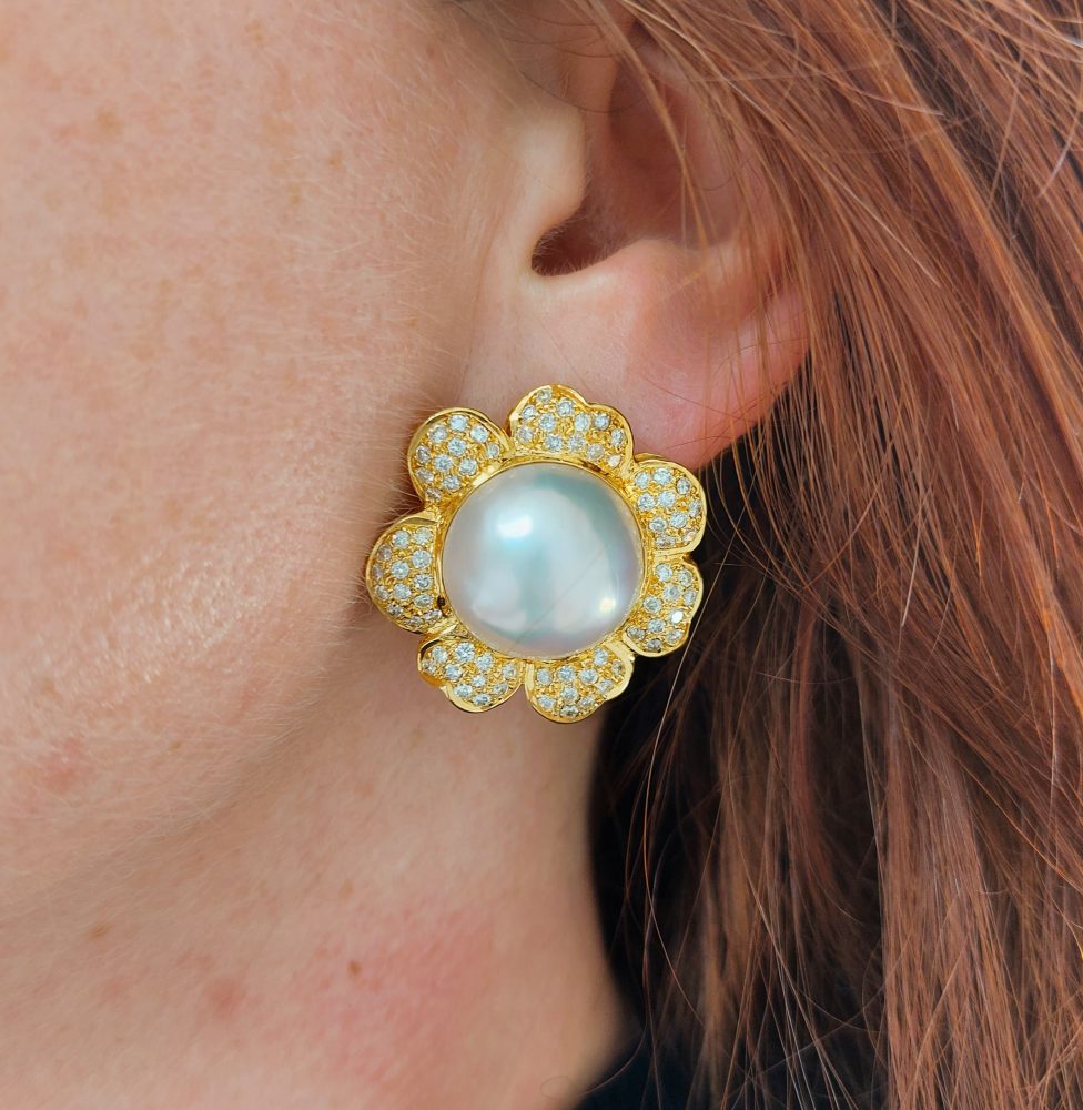 Vintage Mabe and Diamond Floral Earrings