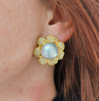 Vintage Mabe and Diamond Floral Earrings