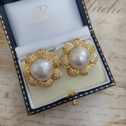 Vintage Mabe and Diamond Floral Earrings