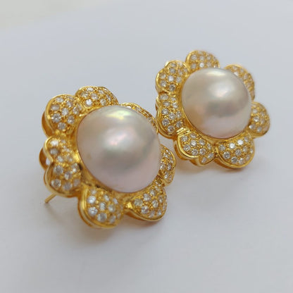 Vintage Mabe and Diamond Floral Earrings