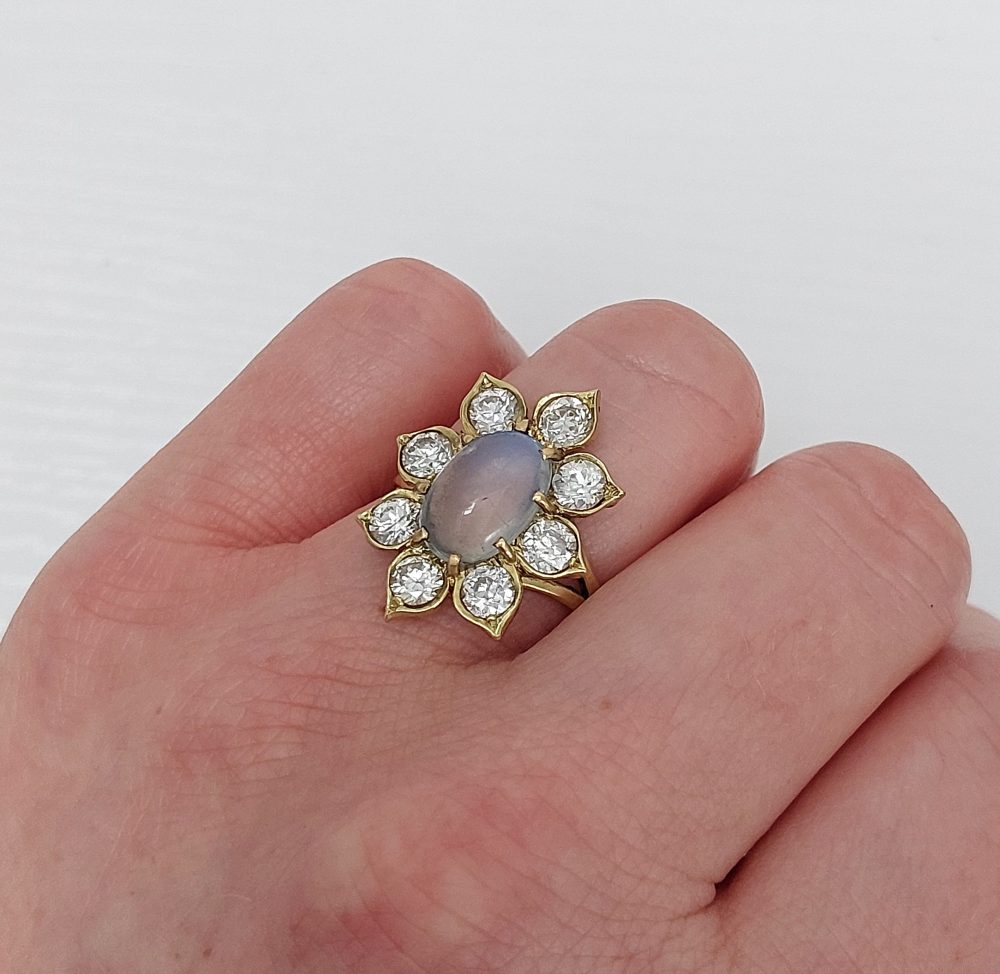 Vintage Moonstone and Diamond Floral Cluster Ring