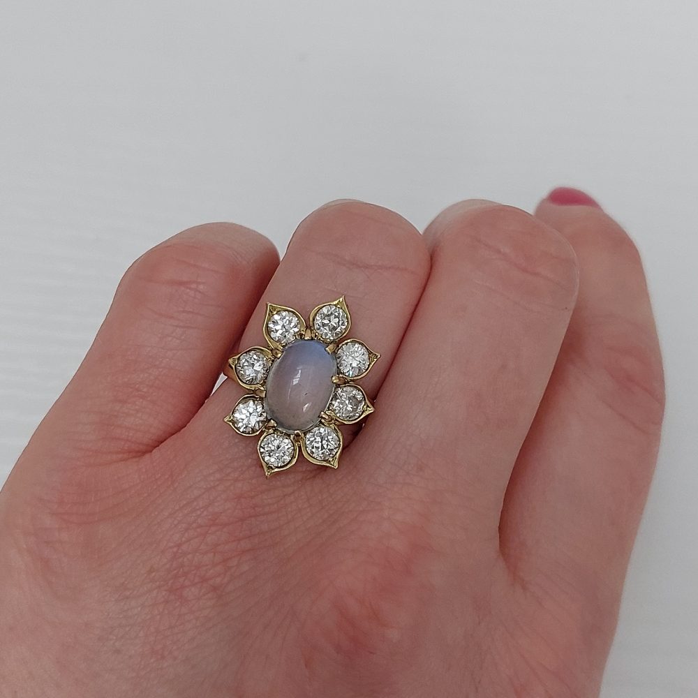 Vintage Moonstone and Diamond Floral Cluster Ring