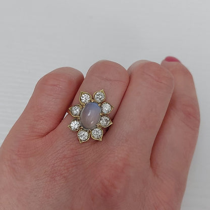 Vintage Moonstone and Diamond Floral Cluster Ring