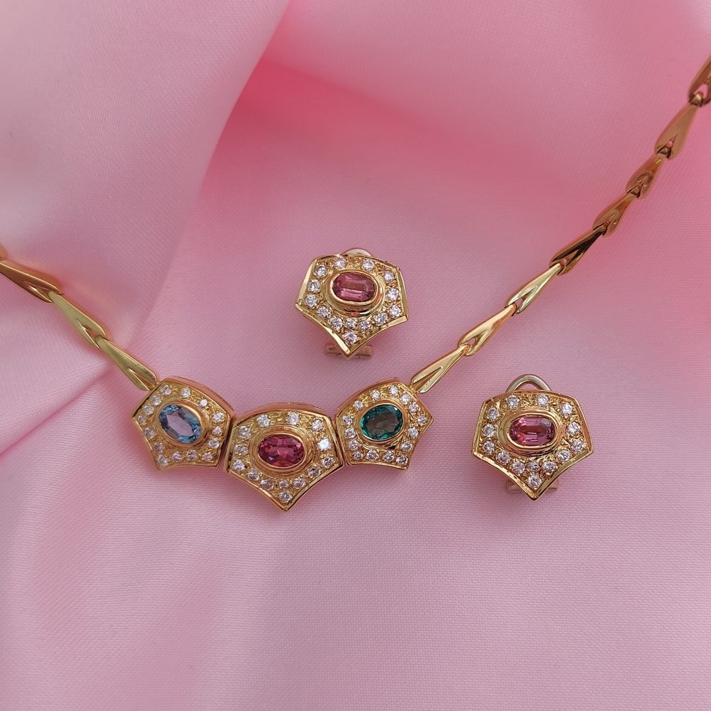 Vintage Multigem and Diamond Necklace and Earrings Suite
