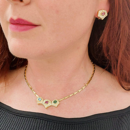 Vintage Multigem and Diamond Necklace and Earrings Suite