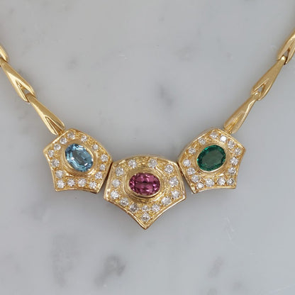 Vintage Multigem and Diamond Necklace and Earrings Suite