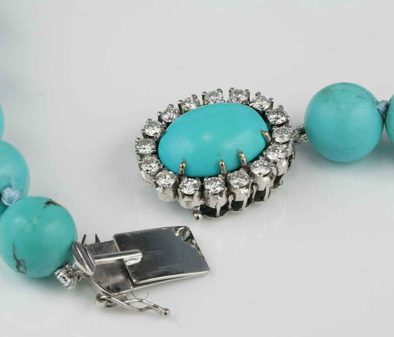 Vintage Natural Untreated Persian Turquoise Beaded Necklace with Cabochon Turquoise and 1.60ct Diamond Cluster Clasp
