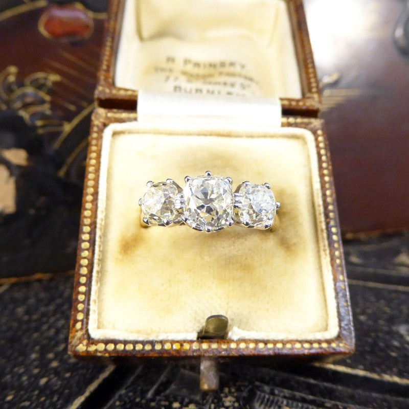 Vintage Old Cushion Cut 3.00ct Diamond Three Stone Ring