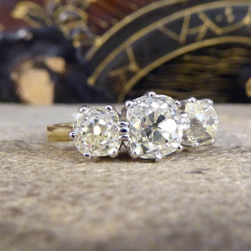 Vintage Old Cushion Cut 3.00ct Diamond Three Stone Ring