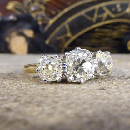 Vintage Old Cushion Cut 3.00ct Diamond Three Stone Ring