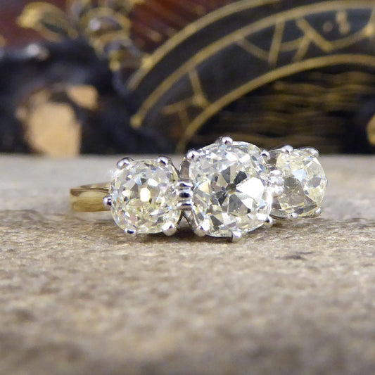 Vintage Old Cushion Cut 3.00ct Diamond Three Stone Ring