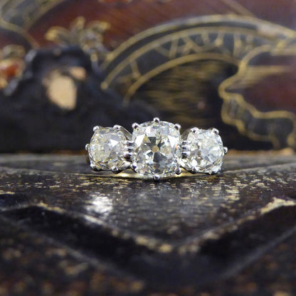 Vintage Old Cushion Cut 3.00ct Diamond Three Stone Ring