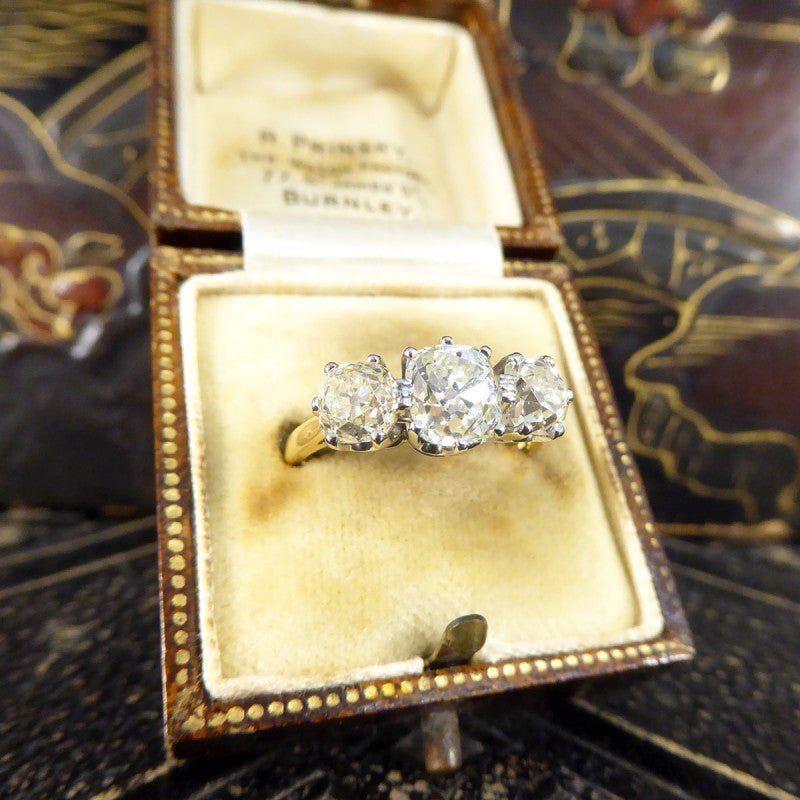 Vintage Old Cushion Cut 3.00ct Diamond Three Stone Ring