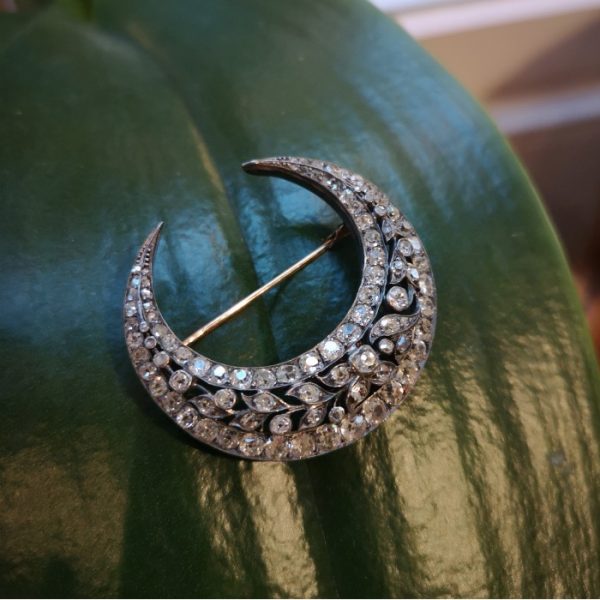 Vintage Old Cut Diamond 3.22ct Crescent Brooch