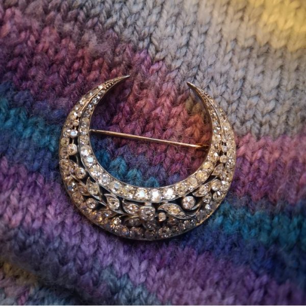 Vintage Old Cut Diamond 3.22ct Crescent Brooch