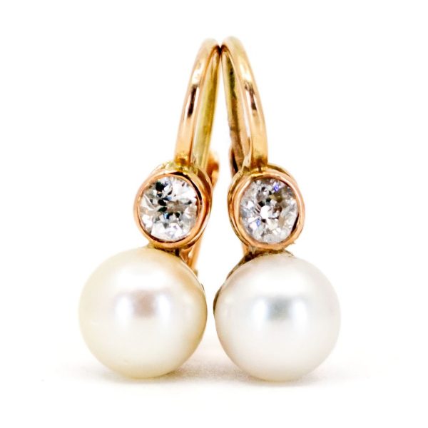 Vintage Old Mine Cut Diamond Cultured Pearl Earrings