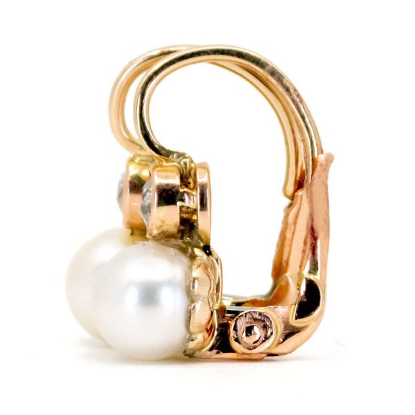 Vintage Old Mine Cut Diamond Cultured Pearl Earrings